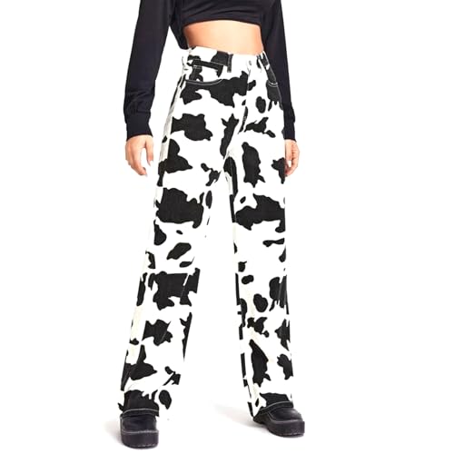 Women Cow Print High Waist Wide Leg Jeans Pants Casual Fashion Y2k Cute Lounge Denim Trousers with Pockets4
