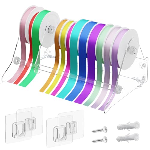 Image of Homakover Acrylic Ribbon Storage Organizer, Wall Mounted or Desk Top, 2-Layer Art Ribbon Dispenser, Holds Large Sizes, Ideal for Craft Room, Flower Shop Wrapping Paper