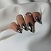 Smoky Grey Chrome Press on Nails Medium Almond, KQueenest Mirror Metal Stiletto Fake Acrylic Nails with Bling Design, Black Glue on Nails for Daily Wear, False Nails Press ons in 24 Pcs