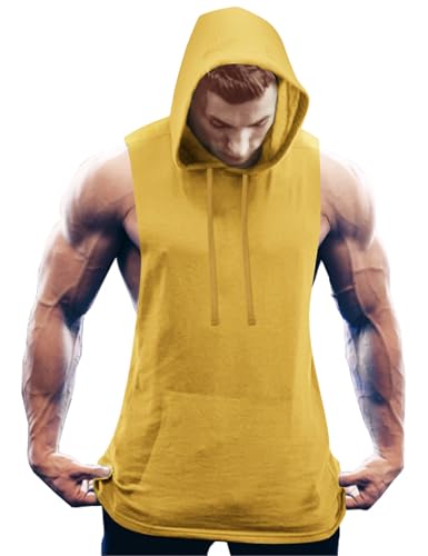 COOFANDY Tank Top for Men Yellow Sleeveless Hoodie Men Men's Tank Tops Workout Muscle Tank Top Running Shirts with Hoodie Yellow L