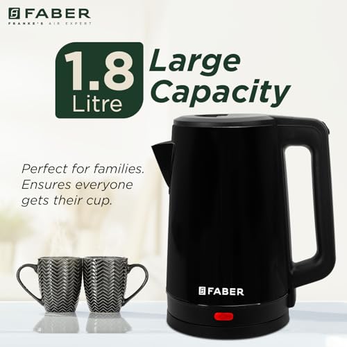 Image of Faber Electric Water Kettle| 1.8L| 1500W| 3x Protection - Auto Off, Dry Boil, Overheating| SS Body| Wide Mouth| 360 Swivel Power Base| For Water, Tea, Coffee, Milk| FWK 1.8L TIMON BK