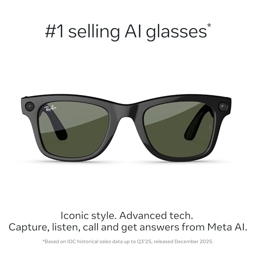 Image of Ray-Ban Meta (Gen 2), Wayfarer, Shiny Black | Smart AI Glasses for Men, Women - 2X Battery Life - 3K HD Resolution - 12 MP Ultra-Wide Camera, Audio, Video - Green Lenses - Wearable Technology