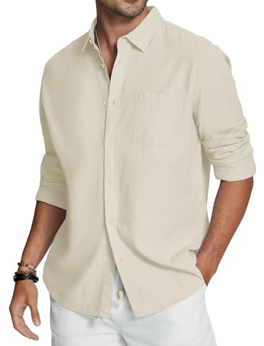 Friptspyg Leinenhemd Herren Langarm Baumwolle Leinen Hemd Herren Freizeithemden Casual Regular Fit Sommerhemd mit Tasche, Beige XL 2