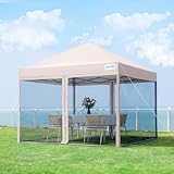 Quictent 10x10 Ez Pop up Canopy with Netting Gazebo Mesh Side Wall Screen House Tent with Roller Bag Tan