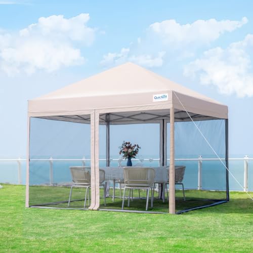 Quictent 6.6'x6.6' Ez Pop up Canopy Tent with Netting Screened, Outdoor Instant Portable Gazebo Screen House Room Tent -Fully Sealed, Waterproof & Roller Bag Included (Tan)
