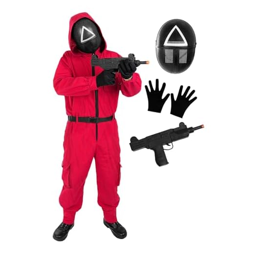 Funidelia Disfraz Oficial El Juego del Calamar Netflix para Hombre y Mujer con máscara triángulo y arma, Mono Squid Game para Adulto, Disfraces de Carnaval, Halloween y Fiestas – Talla M - L