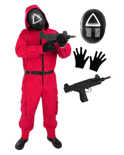 Funidelia Disfraz Oficial El Juego del Calamar Netflix para Hombre y Mujer con máscara triángulo y arma, Mono Squid Game para Adulto, Disfraces de Carnaval, Halloween y Fiestas – Talla L - XL