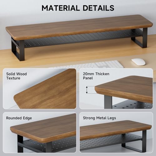 Image of Dual Monitor Stand, 35.4 Inch Monitor Stand Riser for 2 Monitors, 2 Tiers Wood Desk Shelf with Storage, Desktop Organizer Stand for Computer, Laptop, Printer, TV
