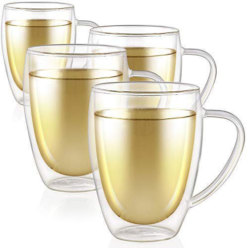 Teabloom Double Walled Mugs - 12 Oz / 350 Ml – Set Of 4 Insulated Glass Mugs For Tea, Coffee, And More – Clear Bliss Collection #TOP23