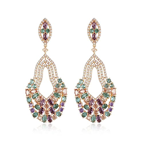 Gold Plated AAAAA Australia Crystal Dangle Earrings for Women | Gold Plated Rhinestone Wedding Bridal Bridesmaid Long Tassel Dangling Earrings | Colorful Cubic Zirconia Chandelier Tassel Stud Drop Dangle Earrings for Women & Teen Girls