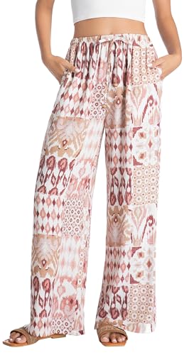 Tsher Women Wide Leg Pants Casual High Waist Floral Flowing Drawstring Trendy Lounge Boho Beach Pant Trouser