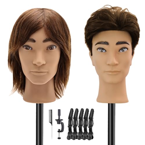 Barber Mannequin Head Male Mannequin Head Human Hair for Practicing Haircut Cosmetology Mannequin Head with 100% Human Hair