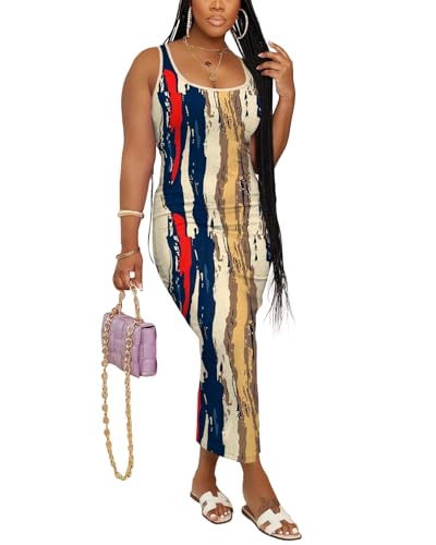Image of Women Casual Summer Tank Top Dress Ribbed Bodycon Midi Sleeveless Sundress Sundress Basic Slim Fitted Pencil Dresses