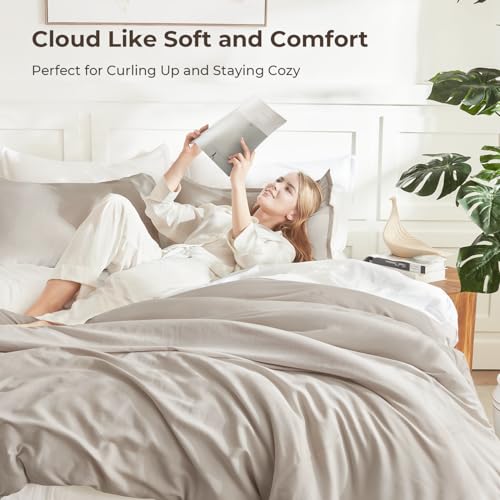 Image of Litanika Linen Grey Comforter Set Queen Size, 3 Pieces Lightweight Solid Bedding Comforter Set, All Season Fluffy Bed Set (90x90In Comforter & 2 Pillowcases)
