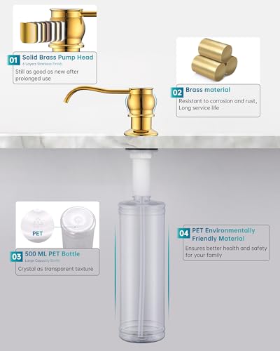 Image of Built in Deck Mount Liquid Lotion Kitchen Countertop Metal Soap Dispenser, Gold Brass Dispenser Pump with 500ml (17oz) High Capacity Bottle