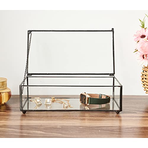 Whslilr Vintage Glass Jewelry Box Keepsake Box With Hinged Lid And Mirrored Bottom, Great For Storage Trinket/Jewelry/Card/Photo, Black Decorative Box For Dresser-15612Ex #TOP3