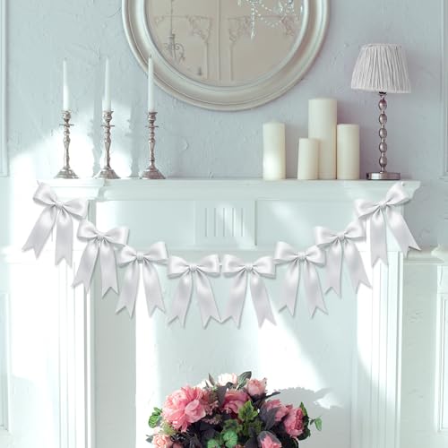 Image of 2 Strings of 16PCS White Bow Garlands Banner Decoration,Pre-Strung Satin Ribbon Ornaments for Birthday,Bachelorette Party,Bridal Shower,Wedding,Engagement,Baby Shower, Graduation Decor,Anniversary