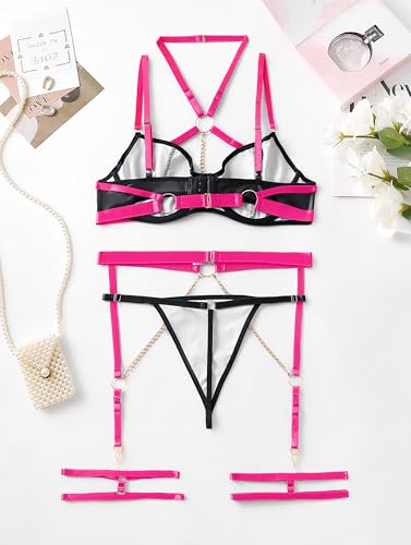 Image of Lilosy Sexy Pu Leather Strappy Underwire Garter Belt Lingerie Set