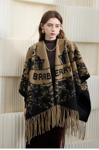 New Retro Color Fringe Scarf Cape Double-sided Cape Scarf with Long Extended Cape for Warmth Featuring Equestrian and Knightly Patterns Design3