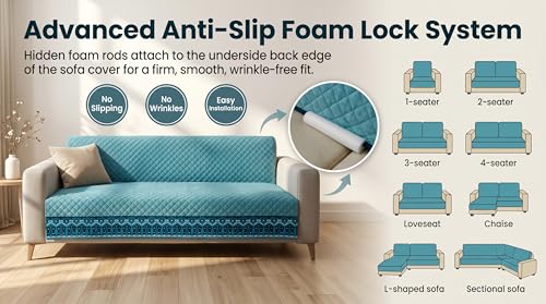 Image of KINGLY Sofa Cover 4 Seater Fully Covered | Stretchable Anti-Slip Slipcover | Washable Furniture Protector | Mint Blue | Set of 2 | Seat & Back |