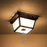 c cattleya 2-Light Motion Sensor Ceiling Light Fixture Outdoor Flush Mount Light Porch Lights Ceiling Mount Black with Textured Glass for Front Porch Deck Covered Patio Hallway