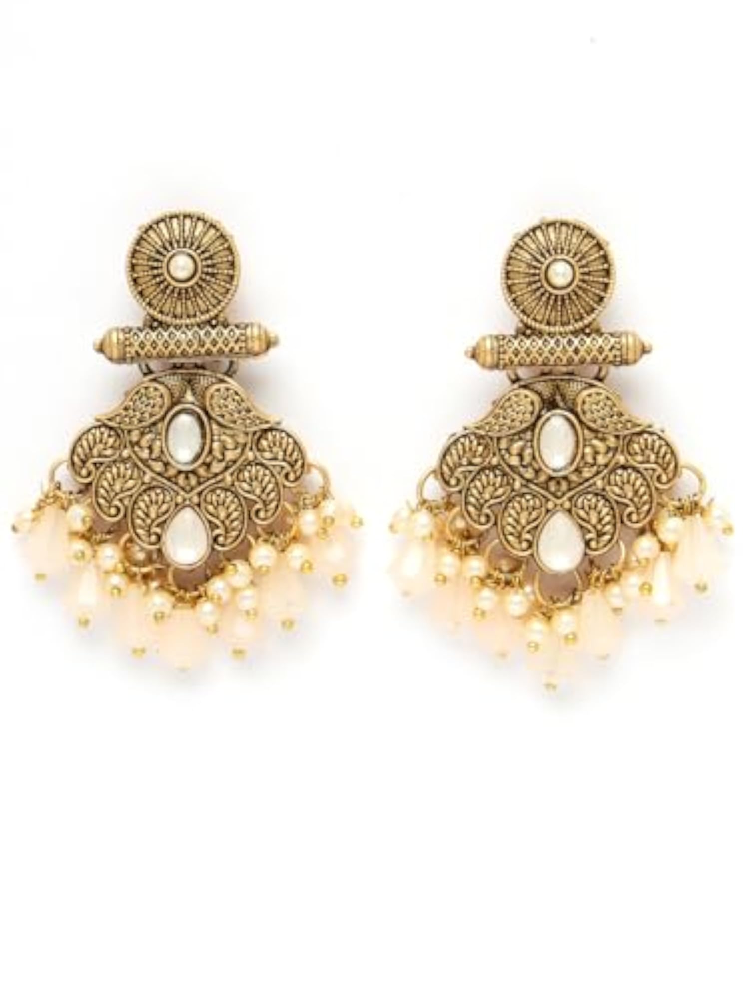 Women's Antique Gold-Plated Blue Pearl & Stone Handcrafted Classic Drop Earrings