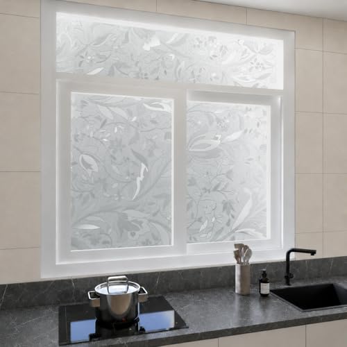 Image of CVANU Floral Frosted Glass Covering Privacy Window Film, Self Adhesive Waterproof Vinyl Sticker for Glass Doors, Windows, Bathroom & Office Use (24 x 50 Inch)