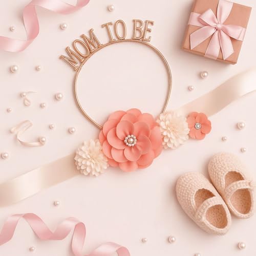 Image of WP WANNA PARTY Baby Shower Decoration Items Mom To Be Flower Waistband And Headband Tiara 2Pcs For Maternity, Pregnancy Photoshoot Material Items Supplies, Mom To Be Crown -Mom To Be Sash For Women