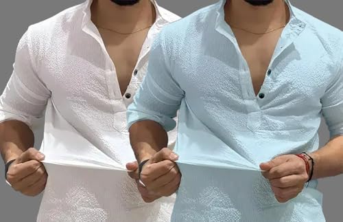 Image of MiraMichi Men's Cotton Blend Kurta | Kurta for Men Stylish Casual Short Kurta | Half Kurta Shirt Daily Use for Summer Season | Mandarin Collar Cotton Kurta's for Man Comfort