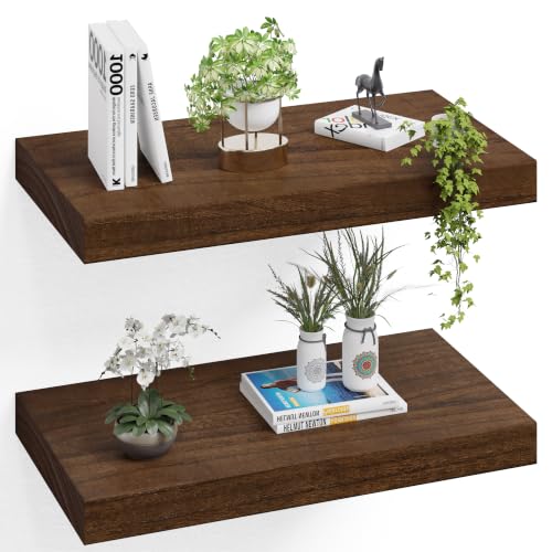 Image of 24 inch Extra Deep Floating Shelves, Set of 2, Walnut Wood | 24 inchL x 12 inchD x 1.8 inchH, Set of 2, Solid Paulownia Wood, Walnut Finish, Hidden Brackets, Hardware Included