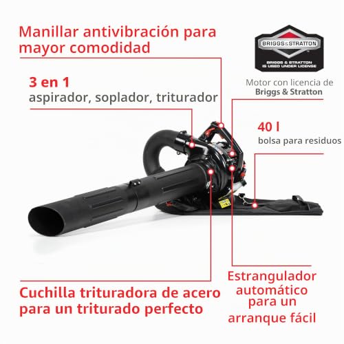 Miniatura 3 de Nax Power Products 950v Soplador De Hojas Motor 25,4 Cm3 0,75 Kw Briggs Stratton Producto Con Licencia, De Gasolina, Bolsa De Recogida De 40 L, Aspirador De Jardín Con La Función De Soplado