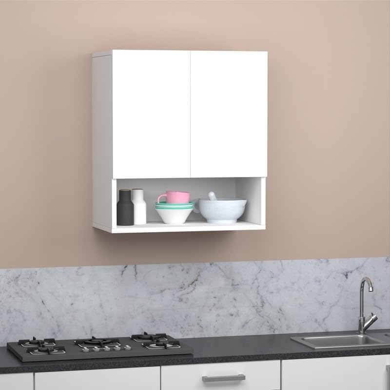 Image of 2 Door Multipurpose Wall Mounted Cabinet with Adjustable & Fixed Shelf | Storage for Kitchen, Bathroom, Office & Living Room | Assembly-DIY | Color-White | Size-60x33x63.8 Cm