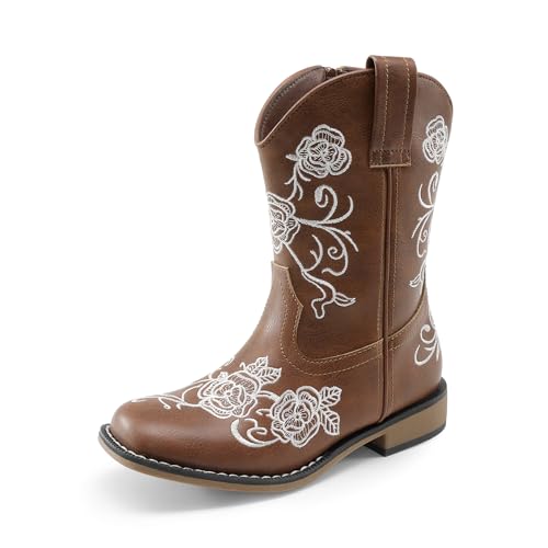 DREAM PAIRS Girls Cowboy Boots Floral Embroidered Classic Western Cowgirl Boots Square Toe Mid Calf Side Zipper Horsing Party Toddler/Little/Big Kids 8 Toddler Brown