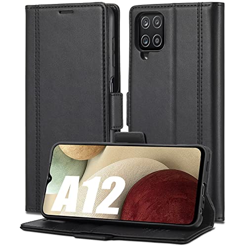 POTOK Handyhülle für Samsung Galaxy A12 5G, Stoßfeste Handyhülle [RFID Schutz] [Kartenfach] [Magnetverschluss] [Stand], Lederhülle Cover Flip Case für Samsung A12 5G Klapphülle Cover