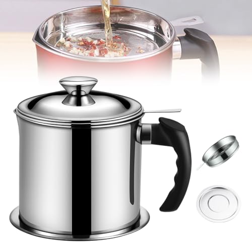 Stainless Steel Oil Filter Pot Can, 44 fl oz Large Capacity Grease Container Storage Pot Dispenser with Strainer & Lid for Storing/Filter/Separator Frying Oil and Cooking Grease (Silver)