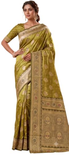 ASIAN CURVES Banarasi Soft Pure Katan Satin Silk Heavy Work Saree With Blouse Piece (Olive green)