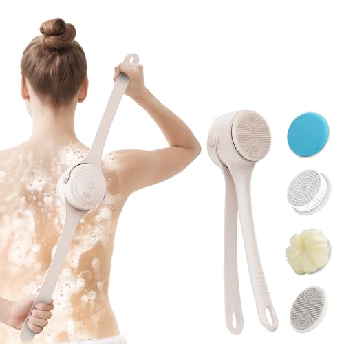 Electric Body Brush Back Scrubber for Shower – Waterproof Dual-Speed Bath Brush Long Handle with 4 Heads, Rechargeable Silicone Body Scrubber for Cleansing, Exfoliating and Massaging Skin Apricot