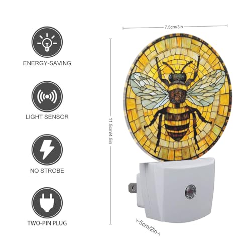 Image of Round LED Night Lights Lamp with Dusk to Dawn Sensor, 3D Circular Stained Glass with Bumblebee Night Light Plug Into Wall for Kids Room, Bedroom, Bathroom, Kitchen, Hallway