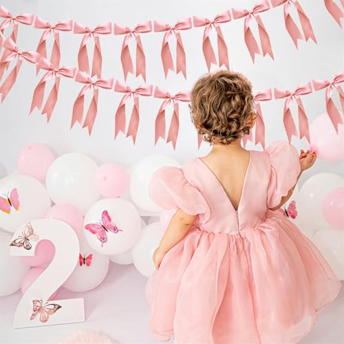 Image of 2pcs Bow Garland Banner Ribbon Bow Party Decorations for Baby Shower Decor Tying The Knot Girls Bow Coquette Birthday Party Decoration (Peach Pink)