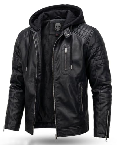 Image of Blaq Ash Men's Faux Leather Biker Jacket with Removable Hood, Quilted Shoulder, Dark Brown