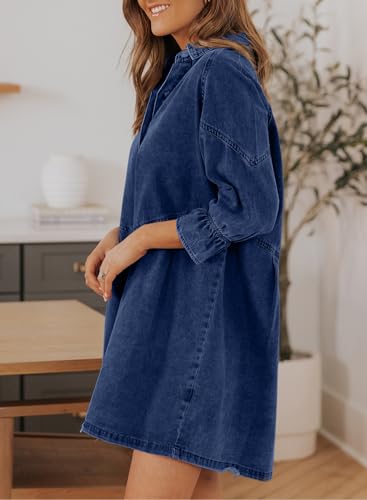 Image of Sidefeel Womens Smocked 3 4 Sleeve Button Down Denim Jeans Dresses