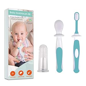 Babytandenborstel 0-2 jaar – 3-delige tandenborstelset met babyvingertandenborstels en kauwbare tandenborstel voor babytandjes (Teal)