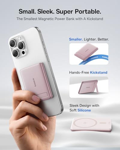 Image of Baseus Picogo Power Bank, Smallest Qi2 Certified 15W MagSafe Portable Charger, 0.5 inch Ultra Slim 5000mAh Magnetic Battery Pack with Stand, Alloy Wireless Charger for iPhone 17 Pro Max /17 Air /16 Series