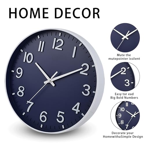 HZDHCLH Wall Clocks Battery Operated,Wall Clock Navy Blue,8 inch Wall Clock Silent Non Ticking Modern 3D Numbers for Kitchen Bedroom Living Room Office Classroom Decor