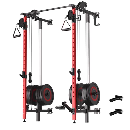 GarveeLife Folding Squat Rack Power Cage for Home Gym, Wall Mounted Power Rack with Pulley System & Pull Up Bar, Compact Fitness Equipment for Small Spaces, Garage, Apartment, Red