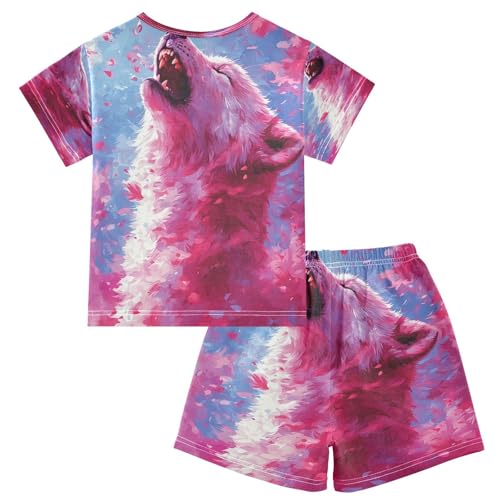 ALAZA Wolf Floral Pajamas Set Short Sleeve Cotton Sleepwear Summer Pjs 2 Piece 5-14Y2