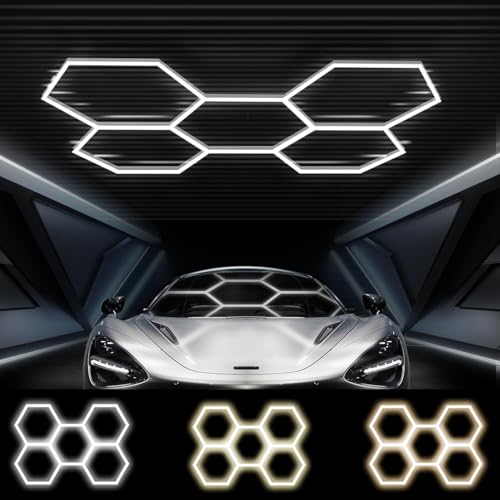 FERUERW Hexagon Garage Lights 5 Grid, 3 Color Temperature(2700/4300/6500K) Dimmable, 5 Hex Grid for Garage, Shop, Basement, Car Detailing Shop etc. with Mounting Clip