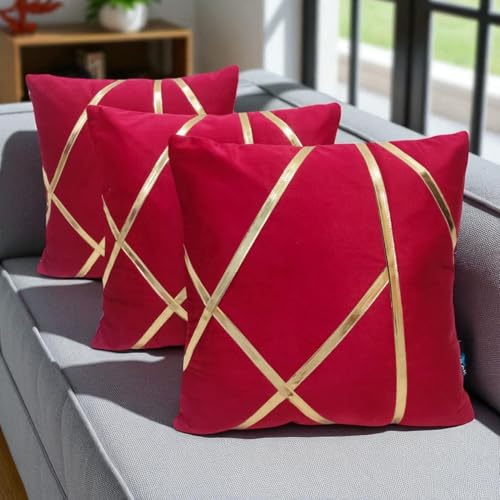 Image of Zikrak Besur Gold Stripe On Velvet|Pack of 5 Cushion Cover|for Home Decoration|Living Room Decor|Hotel Premeuim Quality Cushion Cover|Exclusive ON Amazon (Maroon, 24 X 24 INCH(60 X 60 CM))