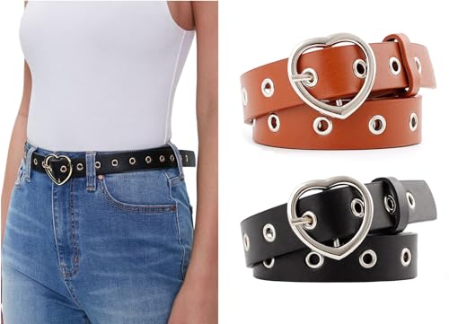 2 Pack Heart Buckle Belt for Women Fashion,Grommet Leather Dress Belts,Black Leather Belts for Jeans