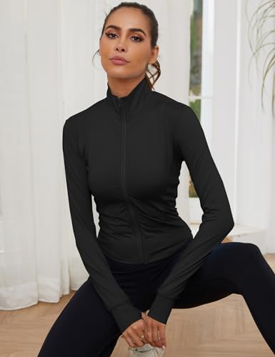 Gihuo Women's Athletic Full Zip Lightweight Workout Jacket with Thumb Holes, Black, Small - 2